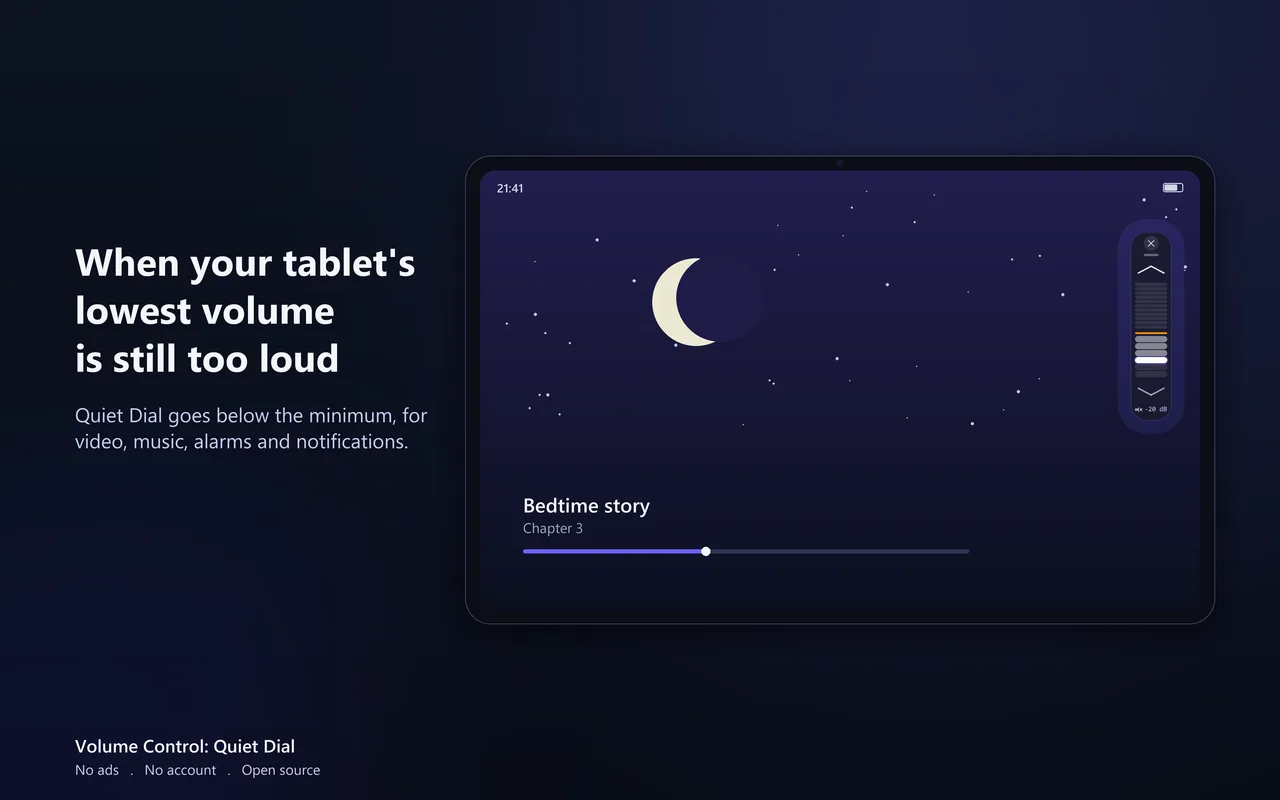 Illustration of a tablet playing a bedtime story with the floating volume dial at the right edge, set below the minimum line