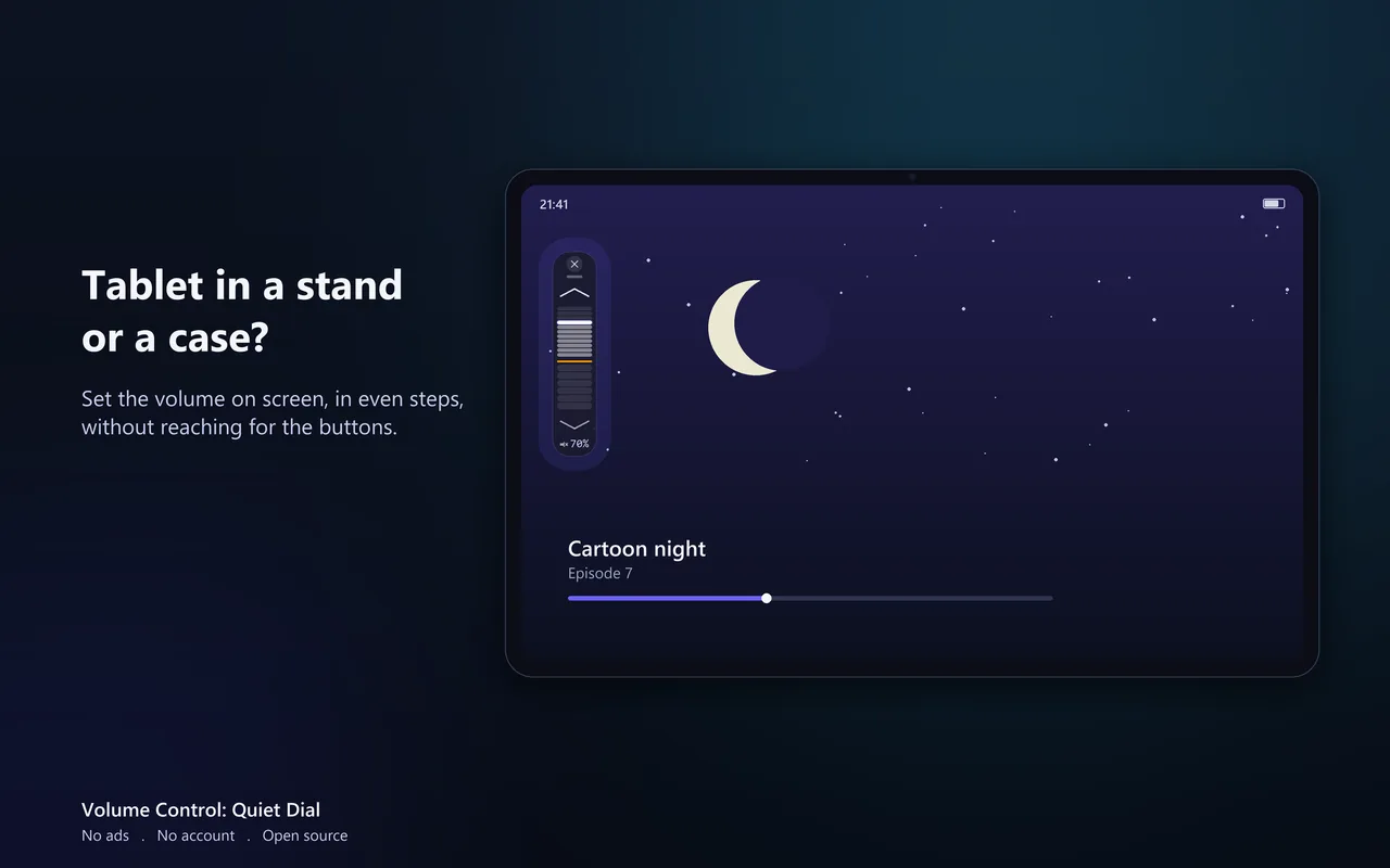 Illustration of a tablet in a stand playing a cartoon, with the floating volume dial at the left edge of the screen